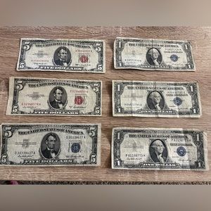Lot 6 Rare Collecter Item Bills. Red & Silver Seals. 3 $5 Certificates And 3 $1